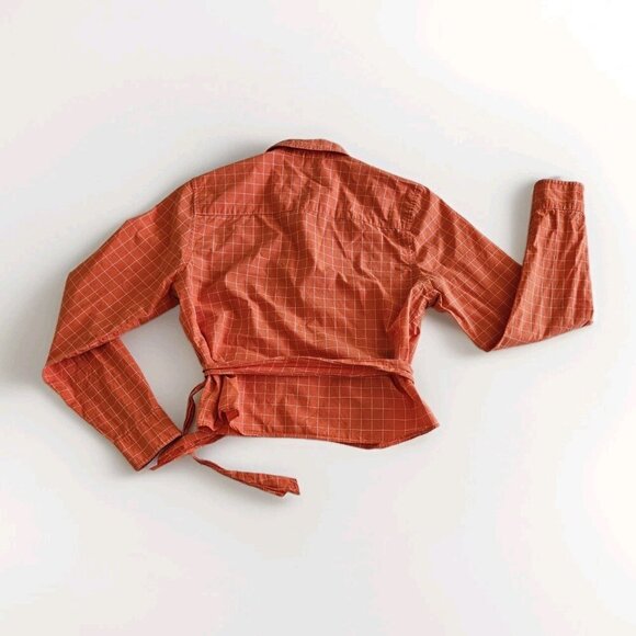 Lauren Ralph Lauren Top Womens Petite M Orange Plaid Cropped LS Tie Front Preppy - Picture 16 of 16